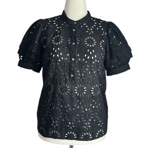 J. Crew Women’s Reimagined Eyelet Lace Blouse Black Shirt Sleeves Size S